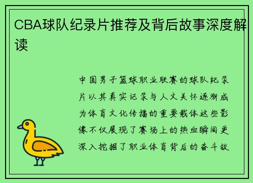 CBA球队纪录片推荐及背后故事深度解读