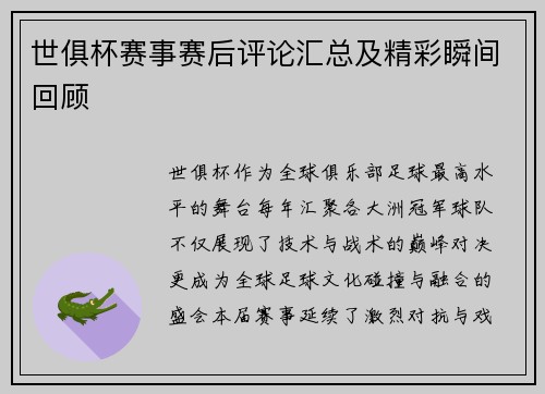 世俱杯赛事赛后评论汇总及精彩瞬间回顾